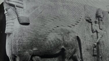 Lamassu bull statue guarding the palace, symbol of the Assyrian Empire at Nimrud, Iraq