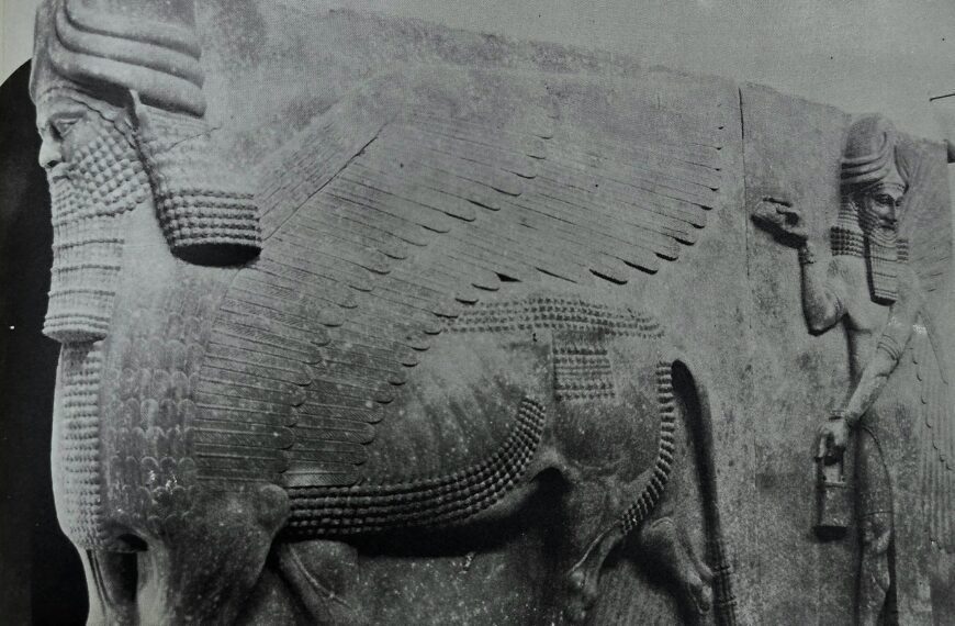 Lamassu bull statue guarding the palace, symbol of the Assyrian Empire at Nimrud, Iraq