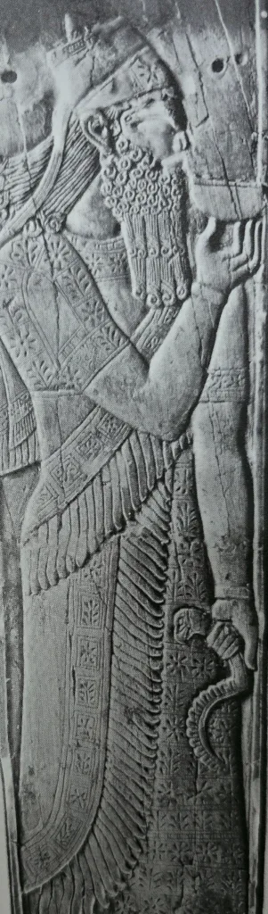 long ivory panel showing an Assyrian King, may be, Ashurnasirpal II (885-858 B.C.), found at Nimrud.
