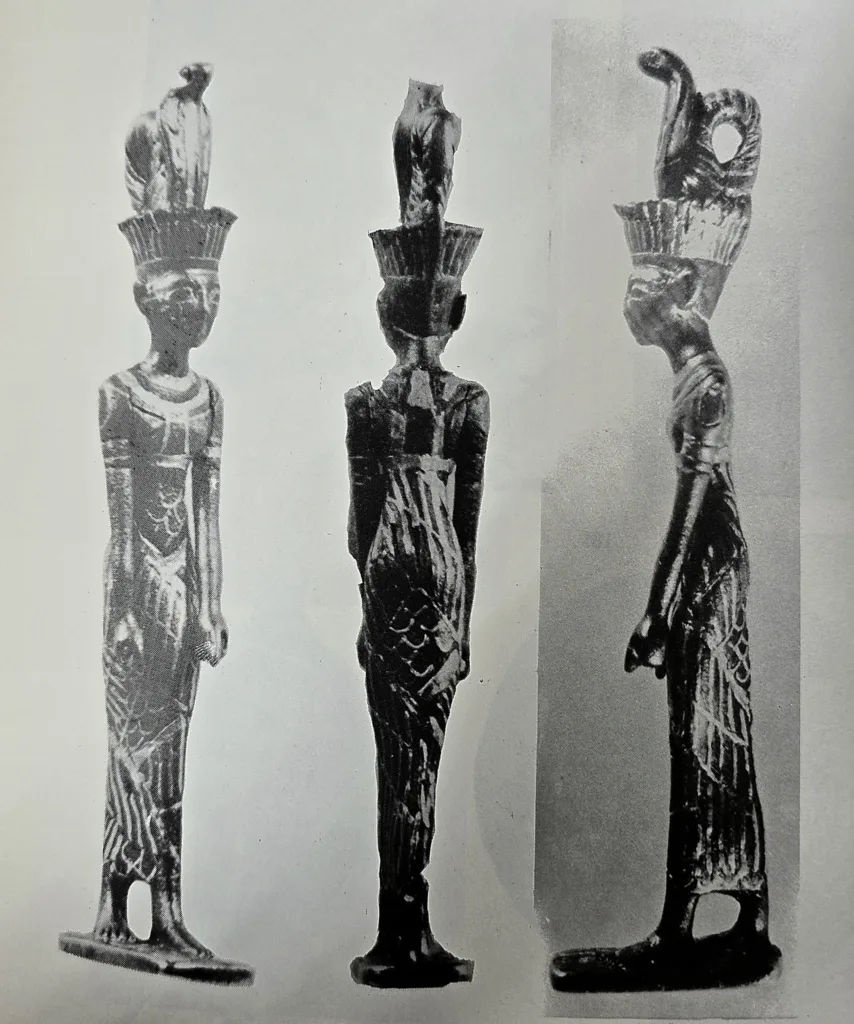 Copper statuette encrusted with gold, representing the Egyptian Goddess Anakhis, found in the Palace of King Esarhaddon (681-699 B.C.) at Tell Nabi Yunus (Nineveh).