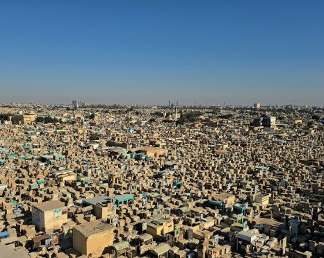 Wadi Al-Salam Cemetery in Najaf, one of the largest and most significant burial grounds in the world, holding deep religious importance in Iraq and often included in cultural and small Iraq group tours exploring Najaf’s spiritual and historical heritage.