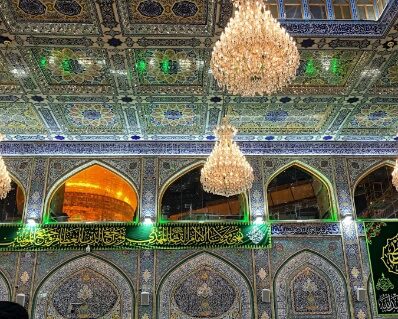 The Imam Hussein Shrine in Karbala, Iraq, illuminated with golden domes and intricate Islamic architecture, one of the most important religious and cultural landmarks visited during travel to Iraq.