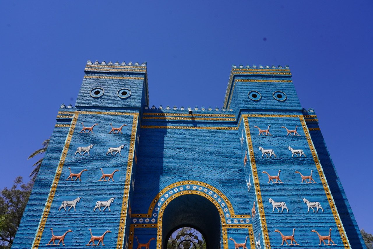Reconstructed Ishtar Gate at the ancient city of Babylon, a highlight of Aknaf Alsawary's guided  tours in Iraq