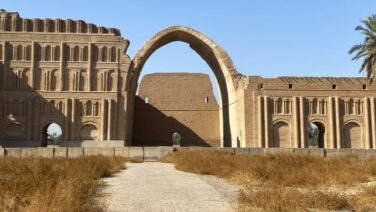 The towering Arch of Ctesiphon (Taq Kasra), the world's largest surviving single-span brick arch, near Baghdad, Iraq.