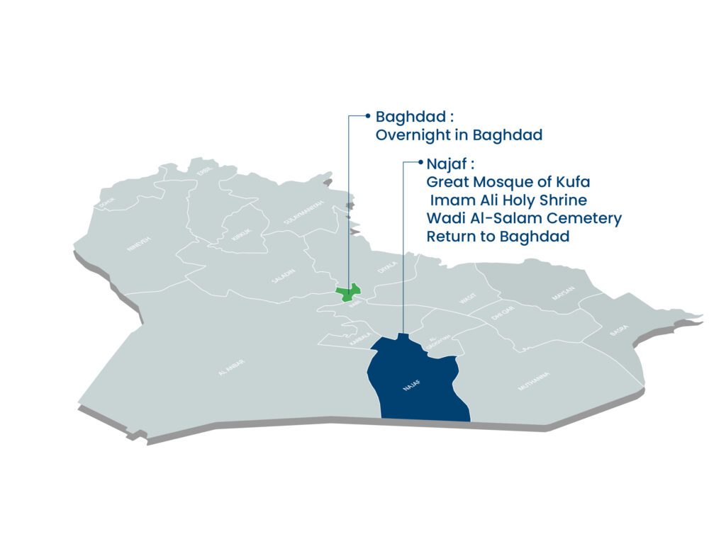map of tour najaf whole day 16 5-Day Iraq Landmark Exploration Tour Aknaf Alsawary