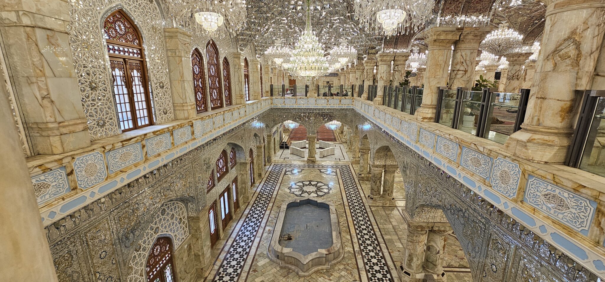 Sahn Fatima Zahra, the Courtyard of Lady Fatima, in Najaf, Iraq, featuring elegant Islamic architecture, expansive courtyards, and intricate decorative details within one of the city’s important religious complexes.