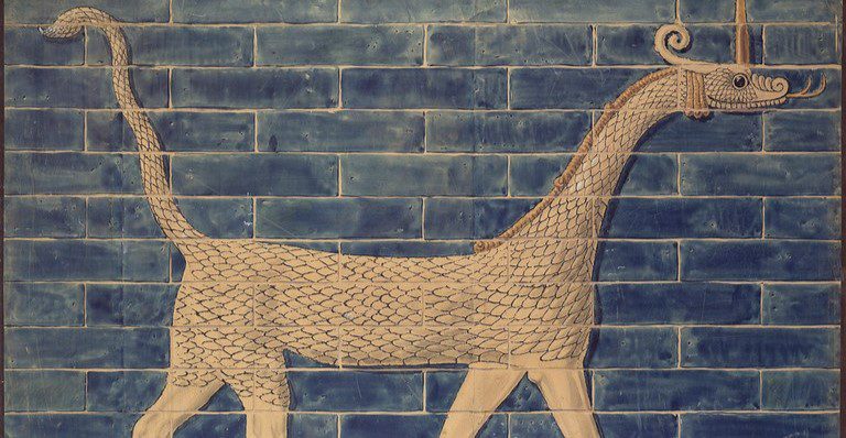 Detailed view of an animal relief from the Ishtar Gate at Babylon in Iraq, featuring the distinctive glazed-brick artwork that decorated the monumental entrance and reflected the artistic heritage of the Neo-Babylonian period